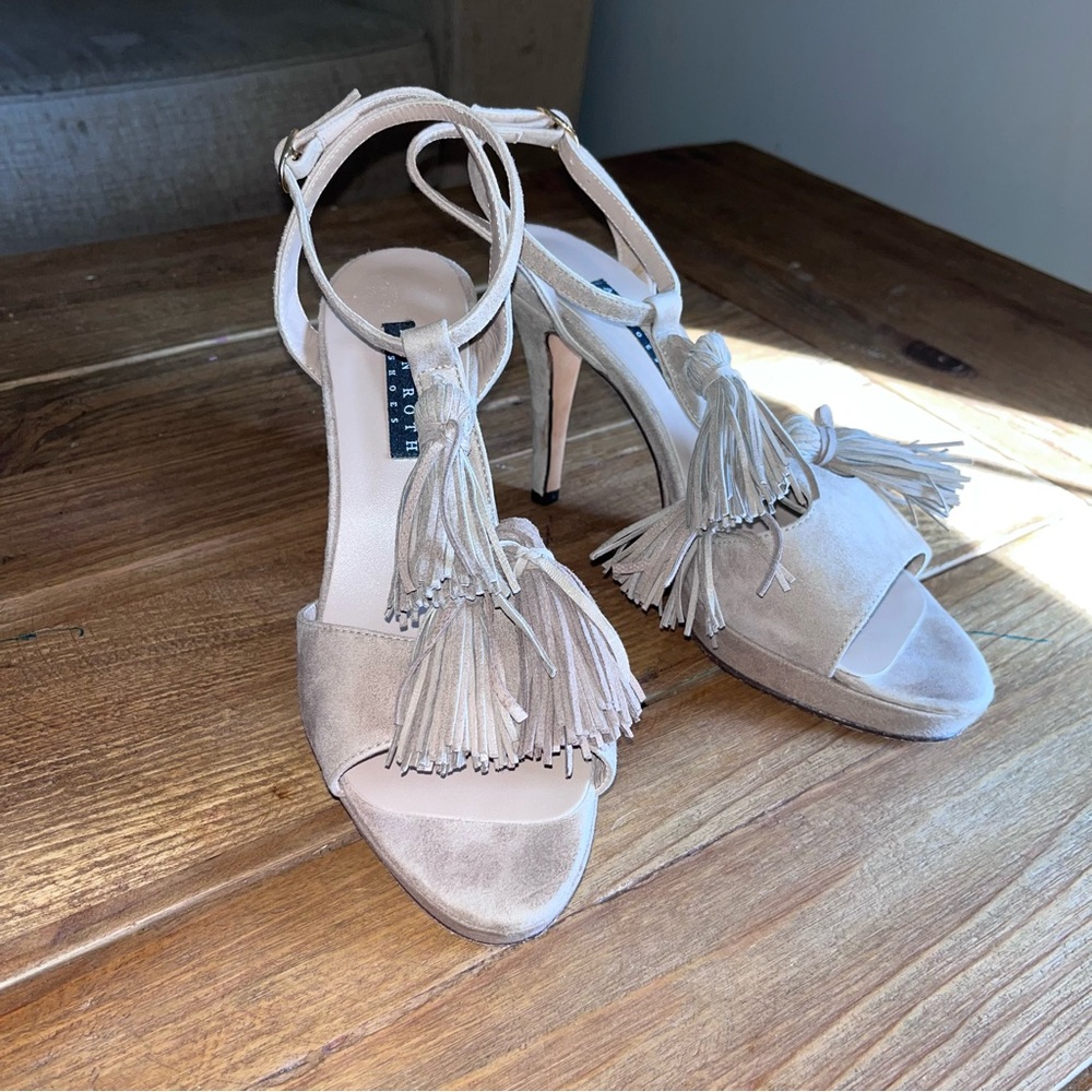 Ann Roth Suede Fringe Tassel Ankle Wrap Strap Heeled Sandals
